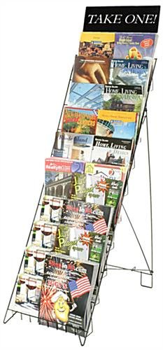 10-Tiered Wire Magazine Floor Stand, 8.5"w, 20 Pockets, Sign Header - Black