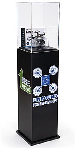 13"w Pedestal Display Case, Locking Acrylic Top, Contour Cut Custom Graphics - Black