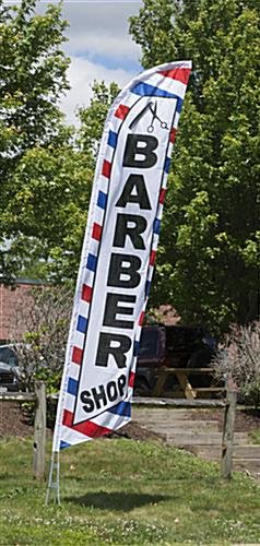 14’ Feather Flag & Ground Spike with Pre-Printed BARBER SHOP Message – Blue & Red - Image 2