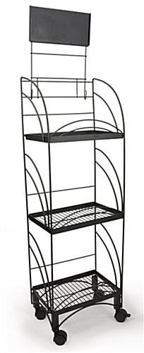14"w Metal Shelving Display w/ Wheels, 3 Shelves & Header - Black