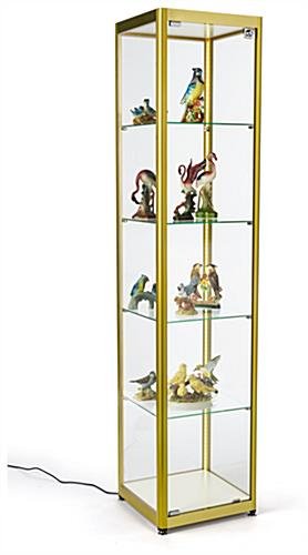 15.5" Glass Display Case, Adjustable Shelves, Locking, Ships Unassembled - Gold