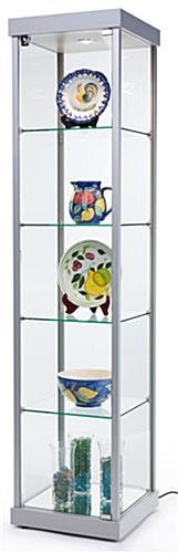 18" Glass Display Case w/4 Shelves, Locking Hinged Door, LED Top Lights - Silver