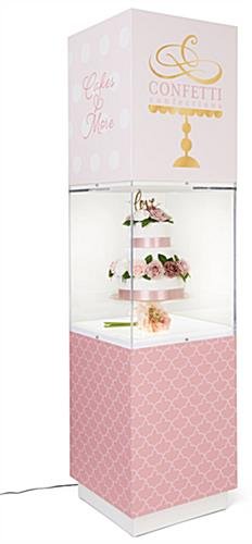 19"w Pedestal Display Case, LED Illumination, 8 Panel Custom Graphic, Storage - White