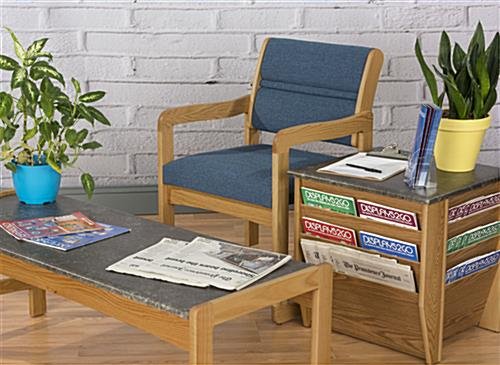 19.5" Seat Height Waiting Room Chair, Medium Oak Finish & Fabric Upholstery - Blue - Image 4