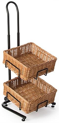 2-Tiered Basket Display Stand, Brown Natural Wicker Bins, Height Adjustable - Black