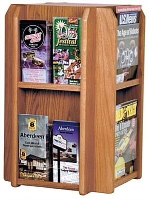 2-Tiered Wood Literature Holder, 4"/8.5"w Tabletops, Rotating, Pockets - Medium Oak