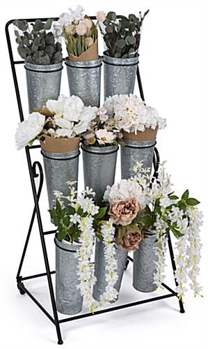 21"w Rolling Flower Display Rack w/ 9 Galvanized Buckets & Plastic Liners - Silver