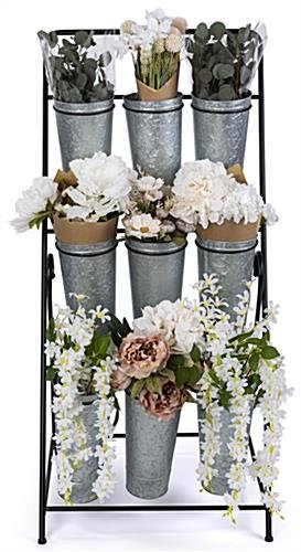21"w Rolling Flower Display Rack w/ 9 Galvanized Buckets & Plastic Liners - Silver - Image 2