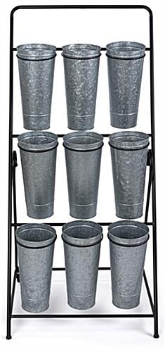 21"w Rolling Flower Display Rack w/ 9 Galvanized Buckets & Plastic Liners - Silver - Image 3