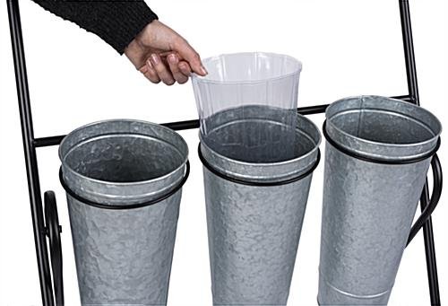 21"w Rolling Flower Display Rack w/ 9 Galvanized Buckets & Plastic Liners - Silver - Image 4