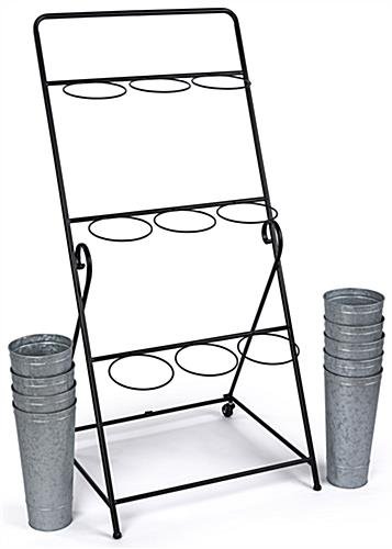 21"w Rolling Flower Display Rack w/ 9 Galvanized Buckets & Plastic Liners - Silver - Image 5