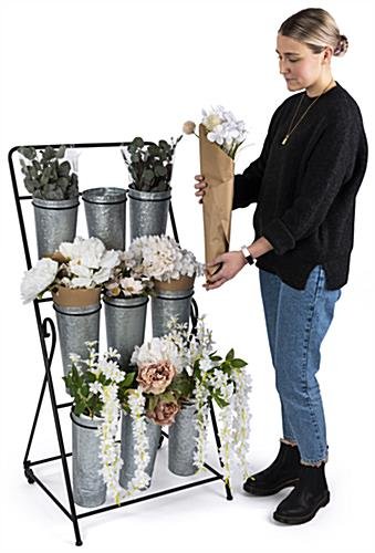 21"w Rolling Flower Display Rack w/ 9 Galvanized Buckets & Plastic Liners - Silver - Image 7