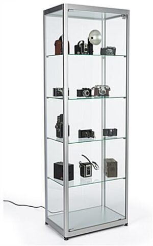 23.5" Glass Display Case, Adjustable Shelves, Locking, Ships Unassembled - Silver