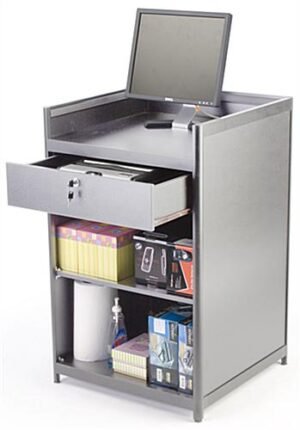 24" Cash Register Stand w/Locking Drawer, Adjustable Shelf, Ships Assembled - Silver