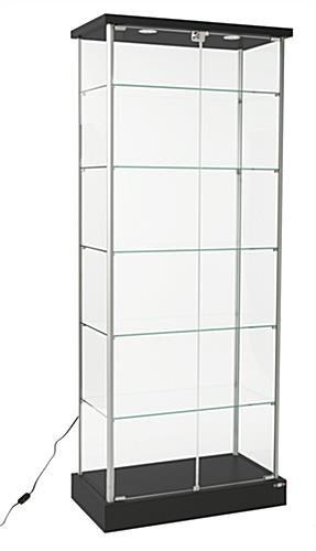 29" Glass Display Case w/ 5 Shelves, Top Lights, Wheels, Hinged Door - Black