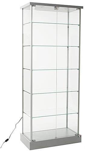 29" Glass Display Case w/ 5 Shelves, Top Lights, Wheels, Hinged Door - Silver