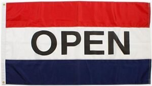 3' x 5' Pre-printed OPEN Flag with Grommets - Red, White & Blue