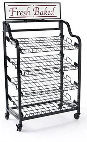 30"w Bakery Display Rack w/ Wheels, 4 Shelves & Header - Black