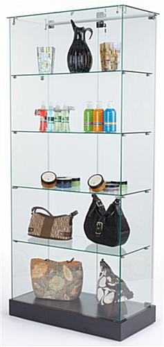 31" Glass Display Case w/Hinged Door, 4 Fixed-Height Shelves, Frameless - Black