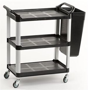 32"w Bus Cart with 1 Side Trash Bin, 3 Shelves - Black