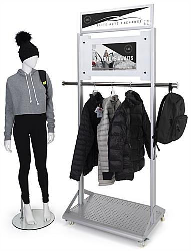 32.5" W x 86" H Mobile Clothing Rack w/ Digital Screen and Sign Frame - Silver - Image 4