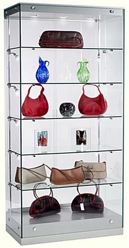 36” Display Case w/ LED Lights, Frameless, Sliding Doors, Ships Assembled - Silver