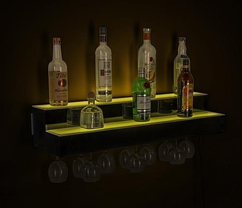 36"w 2-Tier Acrylic LED Bottle Organizer for Counter or Wall w/ Glass Holder - Clear - Image 2