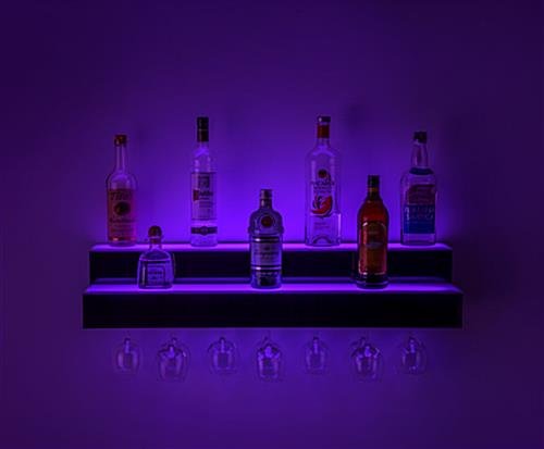 36"w 2-Tier Acrylic LED Bottle Organizer for Counter or Wall w/ Glass Holder - Clear - Image 3
