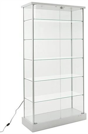 37" Glass Display Case w/5 Shelves, 2 Top Lights, Hidden Wheels & Hinged Door -Silver