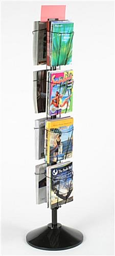 4-Tiered Wire Magazine Floor Stand, 8.5"w, 8 Pockets, Rotating, Sign Clip - Black