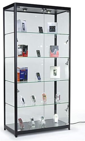 40" Display Case w/ LED Top & Side Lights, 4 Fixed Shelves, Hinged Doors - Black