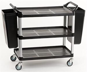 40"w Bus Cart with 2 Side Trash Bins, 3 Shelves - Black