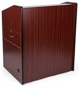 41" Multimedia Podium with Cabinet, Side Drawer, Keyboard Tray & Wheels - Mahogany