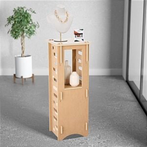 42" Tall Wooden Display Pedestal, 15.5" Tabletop, Center Shelf, Collapsible - Natural