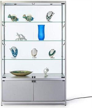 48” Display Case w/ 7 LED Top & Side Lights, 3 Fixed Shelves, Hinged Doors - Silver
