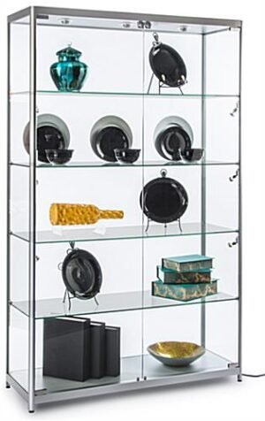 48” Display Case w/ 9 LED Top & Side Lights, 4 Fixed Shelves, Hinged Doors - Silver