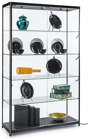 48” Display Case w/ 9 LED Top & Side Lights, 4 Fixed Shelves, Hinged Doors - Black