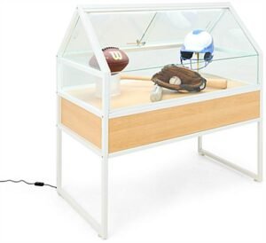 48"w Locking Display Table w/ Tempered Glass Canopy, Sliding Door, LED Light - White