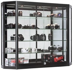 4x3 Wall Mounted Display Case w/Mirror Back & 3 Top LED Lights, Locking - Black