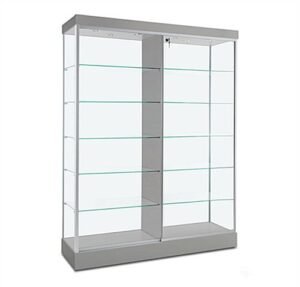 60" Glass Display Case w/ Top & Side Lights, Wheels, Locking Sliding Door - Silver