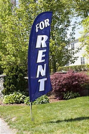 8' Real Estate Feather Flag w/ Ground Spike FOR RENT Message - Blue