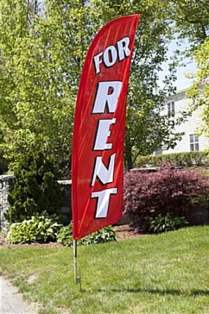 8' Real Estate Feather Flag w/ Ground Spike FOR RENT Message - Red