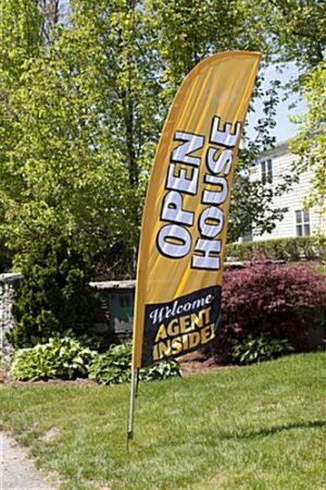 8' Real Estate Feather Flag w/ Ground Spike, OPEN HOUSE Message - Gold