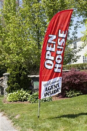 8' Real Estate Feather Flag w/ Ground Spike, OPEN HOUSE Message - Red