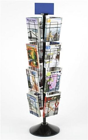 8-Tiered Metal Wire Magazine Floor Stand, 8.5"w, 16 Pockets, Rotating, Header - Black