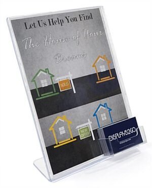 8.5 x 11 Sign Holder with Pocket for Business Cards, Slant Back - Clear