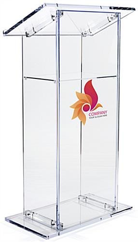 Acrylic Podium for Floor with Open Back and Shelf, Custom UV Printing - Clear