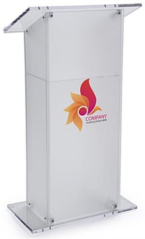 Acrylic Podium for Floor with Open Back and Shelf, Custom UV Printing - Frosted