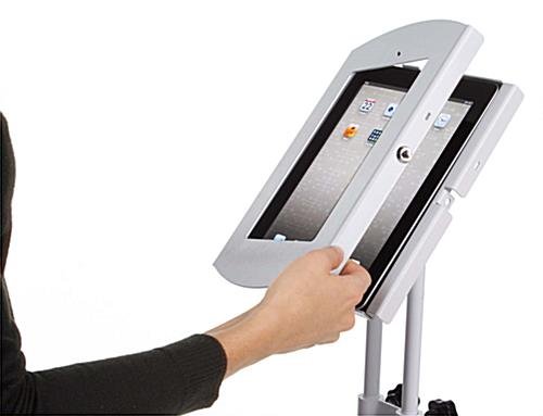 Adjustable iPad Floor Stand, Locking Enclosure w/ Hidden Home, CC Reader Compatible - Image 2
