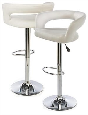Adjustable Stool w/ Leathette Seat, 360° Swivel, Backrest, Armrests, Set of 2 - White